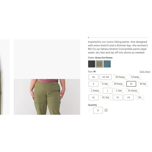 REI Sahara Stretch Convertible Pants Womens M Tall Army Green Cargo MSRP$99 - Picture 12 of 16